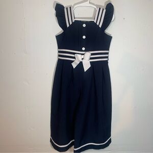 GIRLS SIZE 6 NAVY BLUE JUMPER ROMPER WIDE LEG ANKLE BOW SAILOR AUTICAL STRIPES